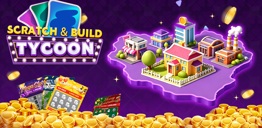 A colorful city, scratch cards, and coins from Scratch and Build Tycoon